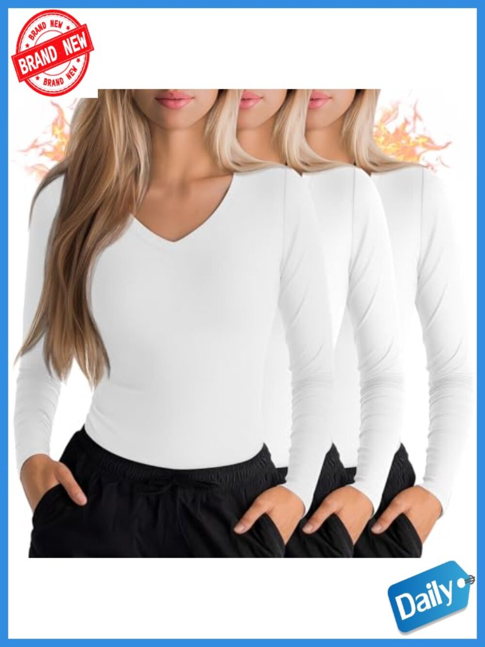 3 Pack Women's Long Sleeve V Neck Thermal Fleece Slim Fit Stretchy Nurse Top